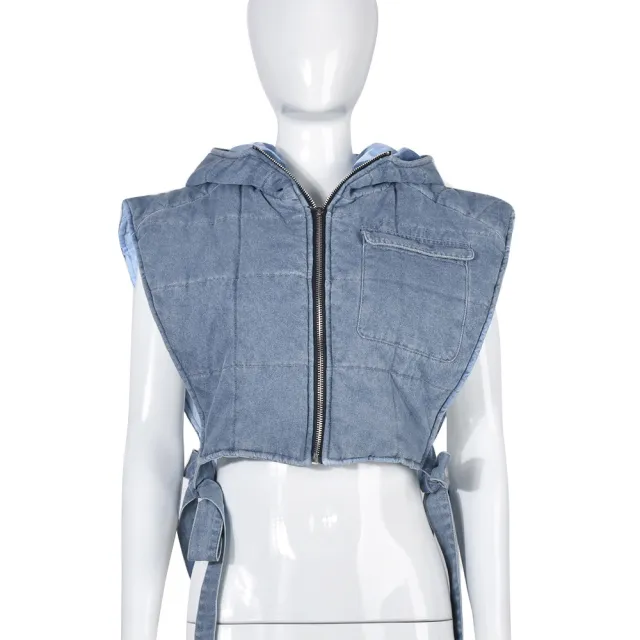 Women's New Denim Filled Cotton Hollowed Out Binding Hooded Trend Vest Light Blue - Shop at LoveMi