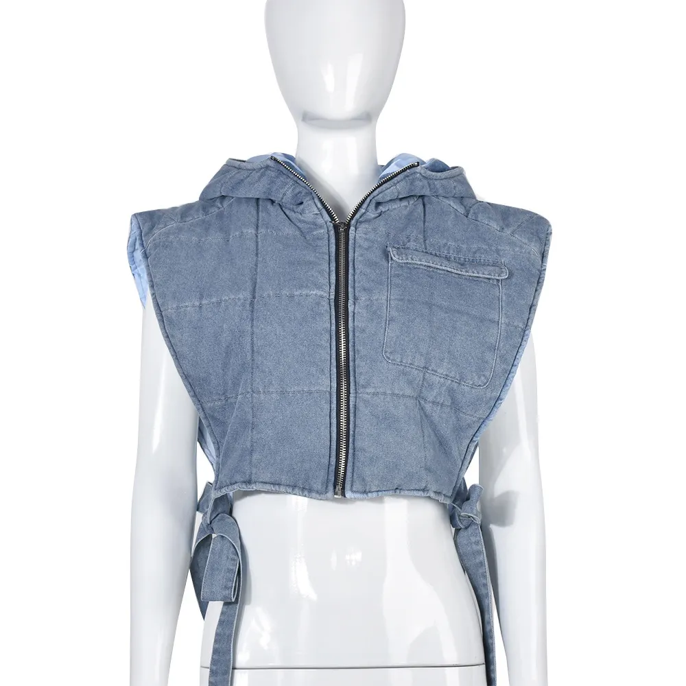 Women's New Denim Filled Cotton Hollowed Out Binding Hooded Trend Vest - Light Blue
