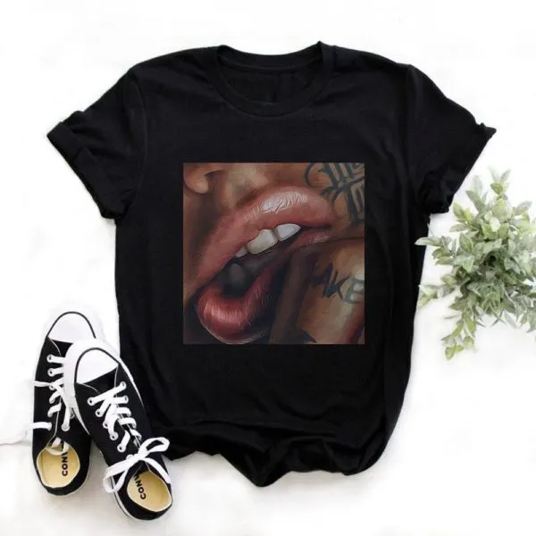 Heartbeat Lady Feather Crew Neck Printed T Shirt Short Sleeve 4.Style - Shop at LoveMi