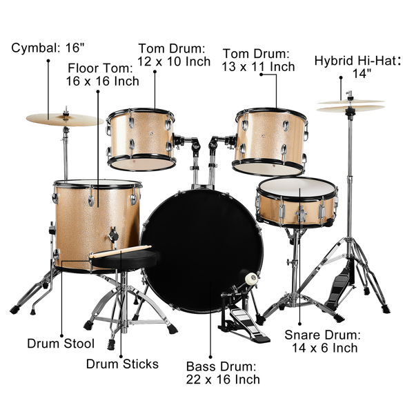 Full Size Adult Drum Set 5-Piece Champagne with Bass Drum, two Tom Drum, Snare Drum, Floor Tom, 16