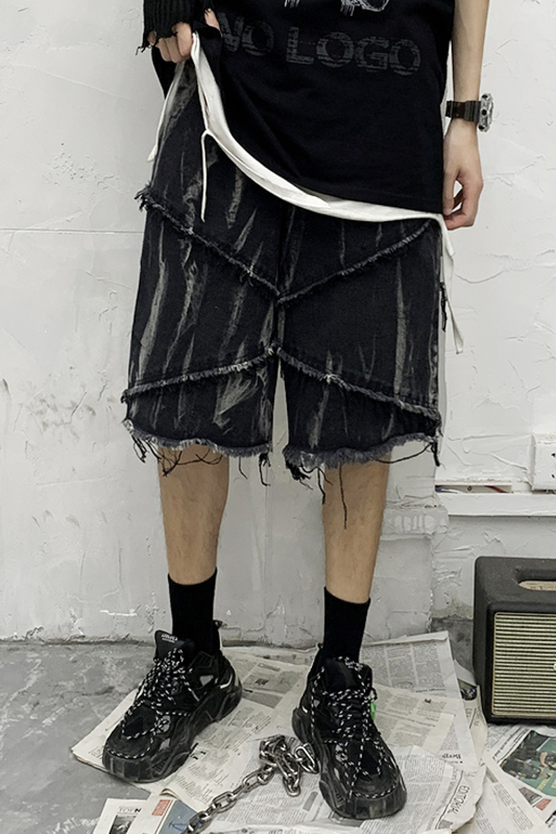 Men's Dark Tie-Dye Printed Frayed Denim Shorts