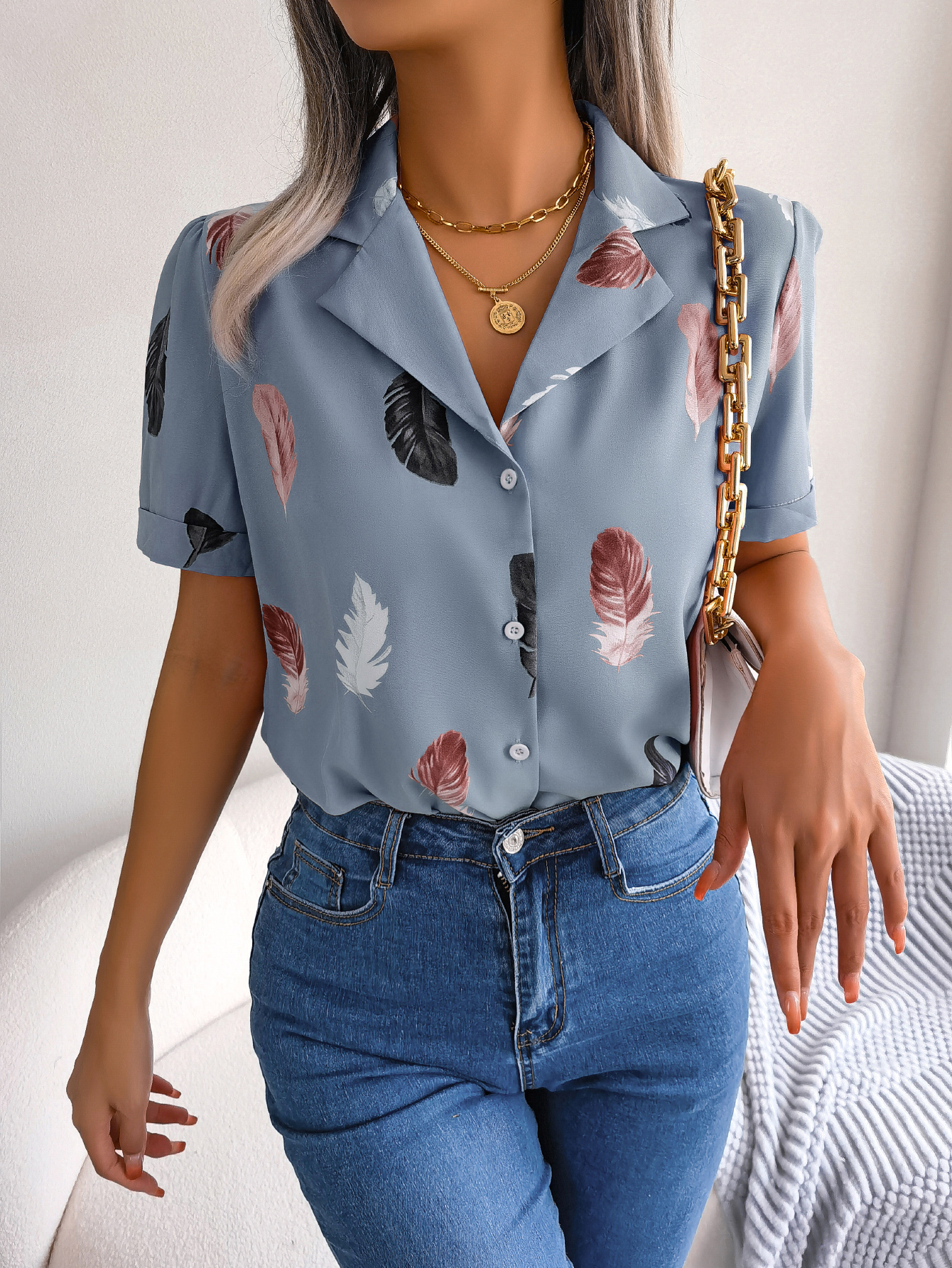 Women   Elegant Notched Lapel Feather Loose Short Sleeve Shirt