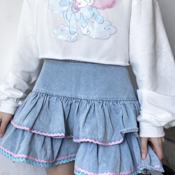 Cowboy Cake Short Skirt Sweet Girl Cute High Waist Denim Cake Skirt - Shop at LoveMi