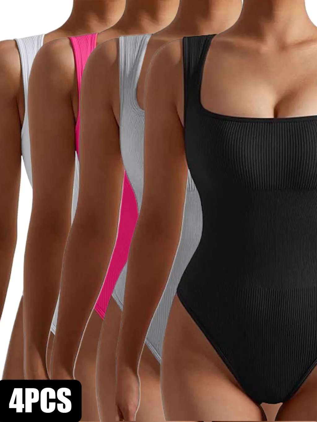 4 Pack Women Jumpsuit Workout Romper Short Sleeve Gym One Piece Bodycon Unitards Tummy Control Yoga Bodysuit - 4Pack4-M