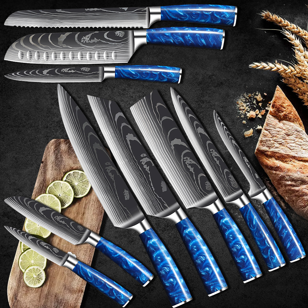Stainless Steel Chef Knife With Blue Resin Handle