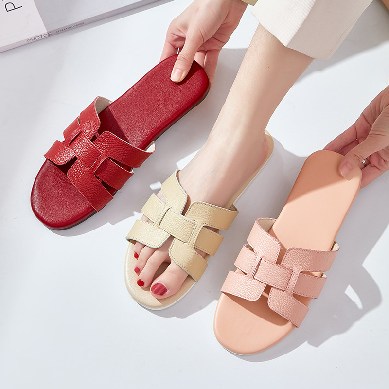 Soft Bottom Top Layer Cowhide Slippers