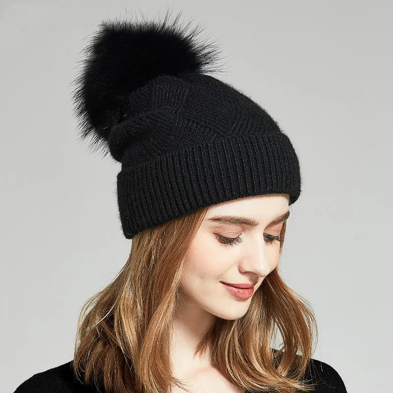 Women's Warm Ear Protection Wool Hat - Black C