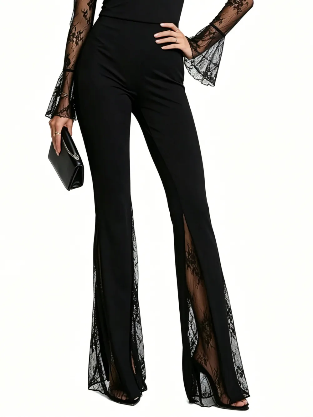 Women Knit Solid Color High Waist Flare Pants Lace