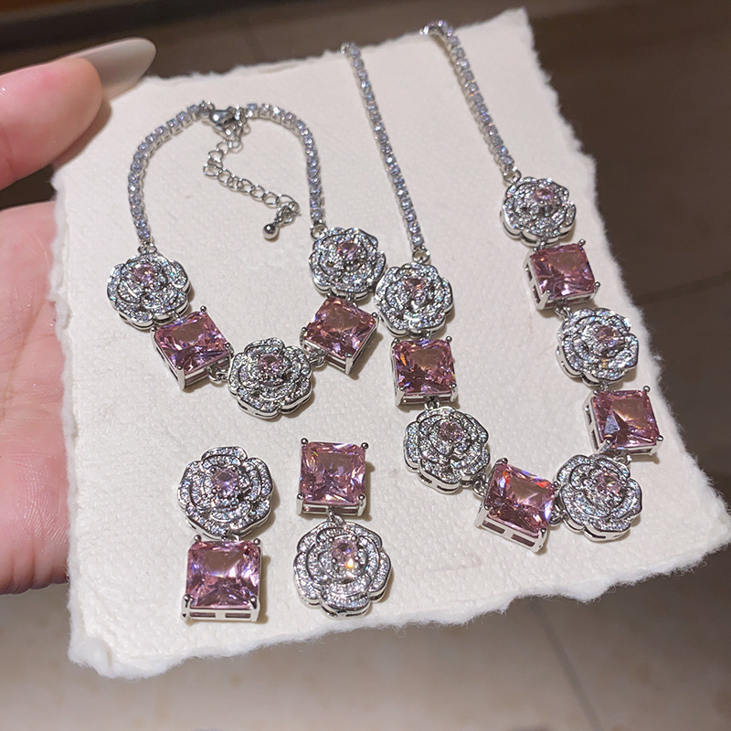 Floral Cluster Princess Rose Zircon Ring Earrings Necklace Set Luxury Elegant Jewelry 10