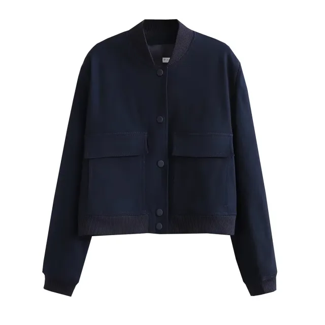 Stand Collar Two Pocket Solid Biker Bomber Jacket Navy Blue - Shop at LoveMi