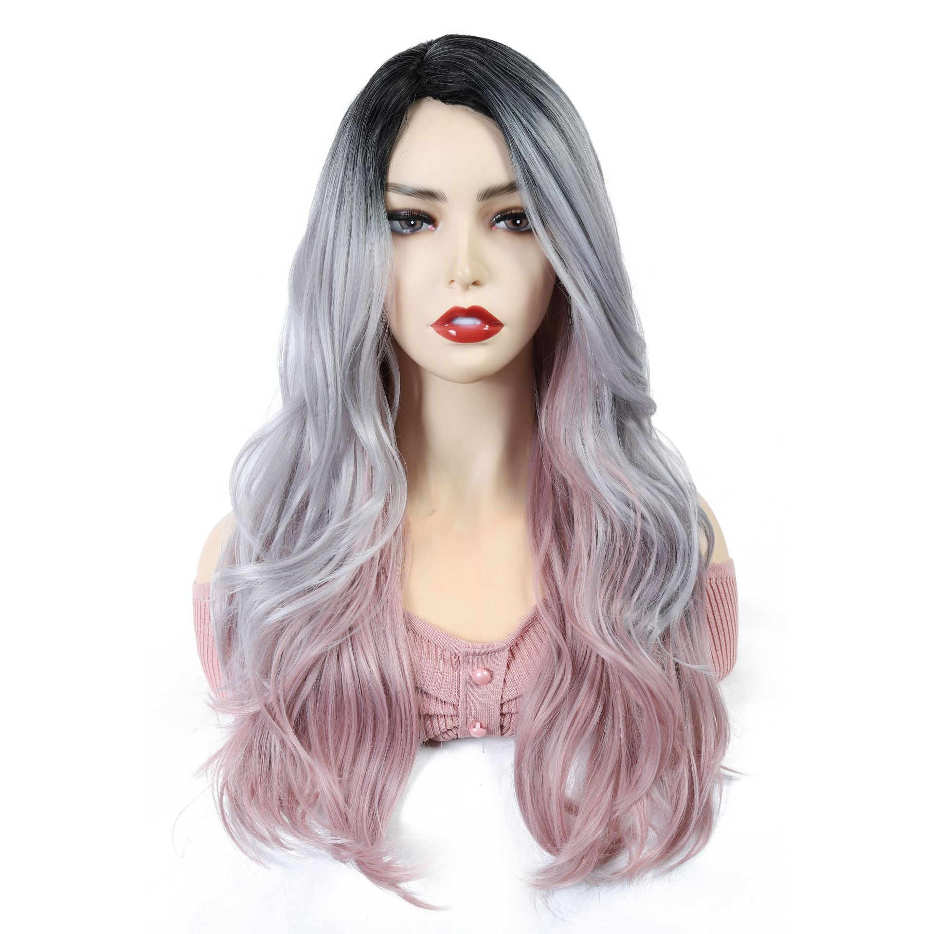 New Fashion Temperament Wig Chemical Fiber Front Lace Long Curly Hair Headgear Pink - Shop at LoveMi