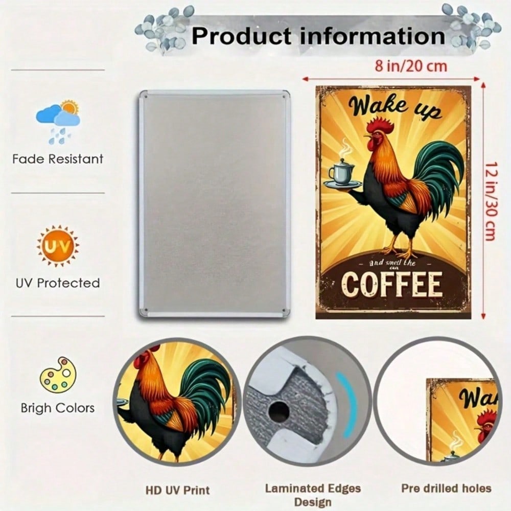 Vintage Metal Rooster Wall Decor Sign, Retro Farmhouse Cafe Wake Up Coffee Art