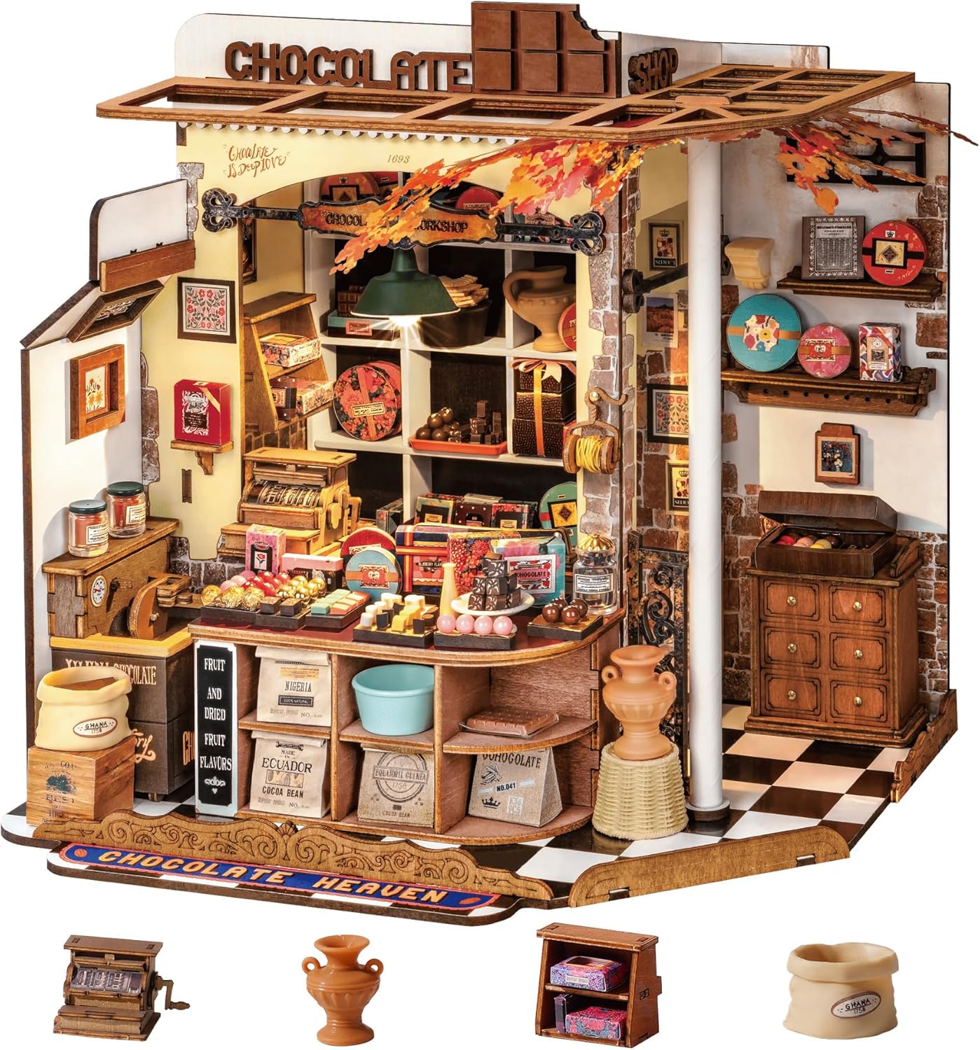 Rolife Henry's Chocolate Shop Miniature House DIY Kit,330-Piece 3D Dollhouse Model With LED Light, No Glue Required, Collectible Display & Craft Gift For Teens & Adults,DG174
