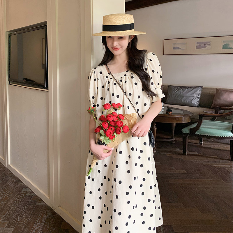 Contrast Color Polka Dot Puff Sleeve Dress Summer