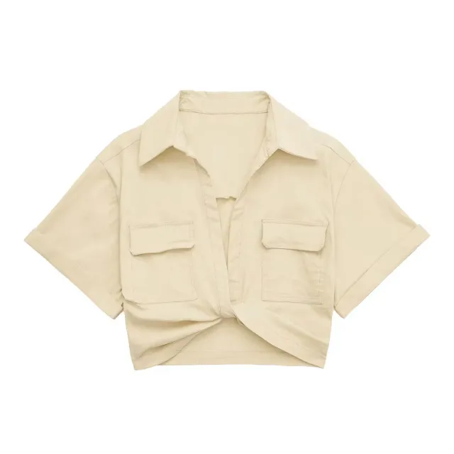 Solid Color Versatile Knot Embellishment Double Pocket Short Sleeved Shirt Beige - Shop at LoveMi