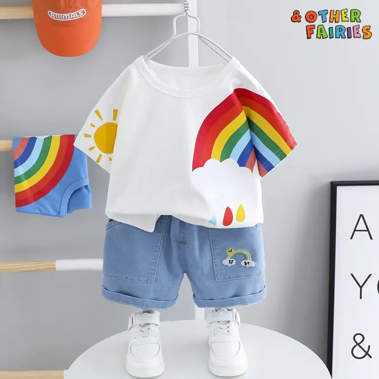 Boys And Girls Short-sleeved Denim Five-point Pants Two-piece Cute Pants Suit Cotton Short-sleeved