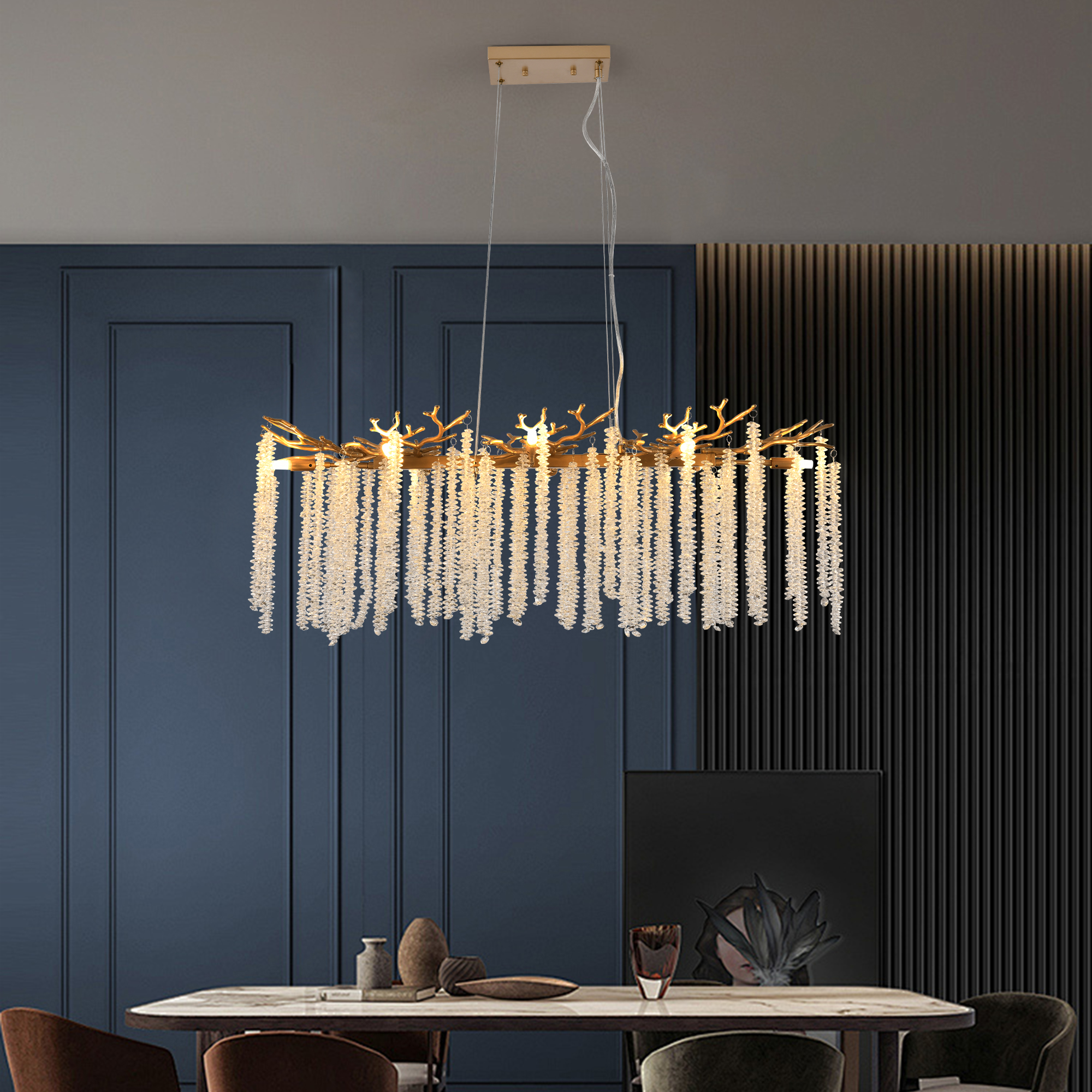 39-inch Modern Golden Pendant Light With Cascading Crystal Strands, Ideal For Living Room, Dining Room And Foyer, High-End Decorative Lighting Fixture Bulb Not Included