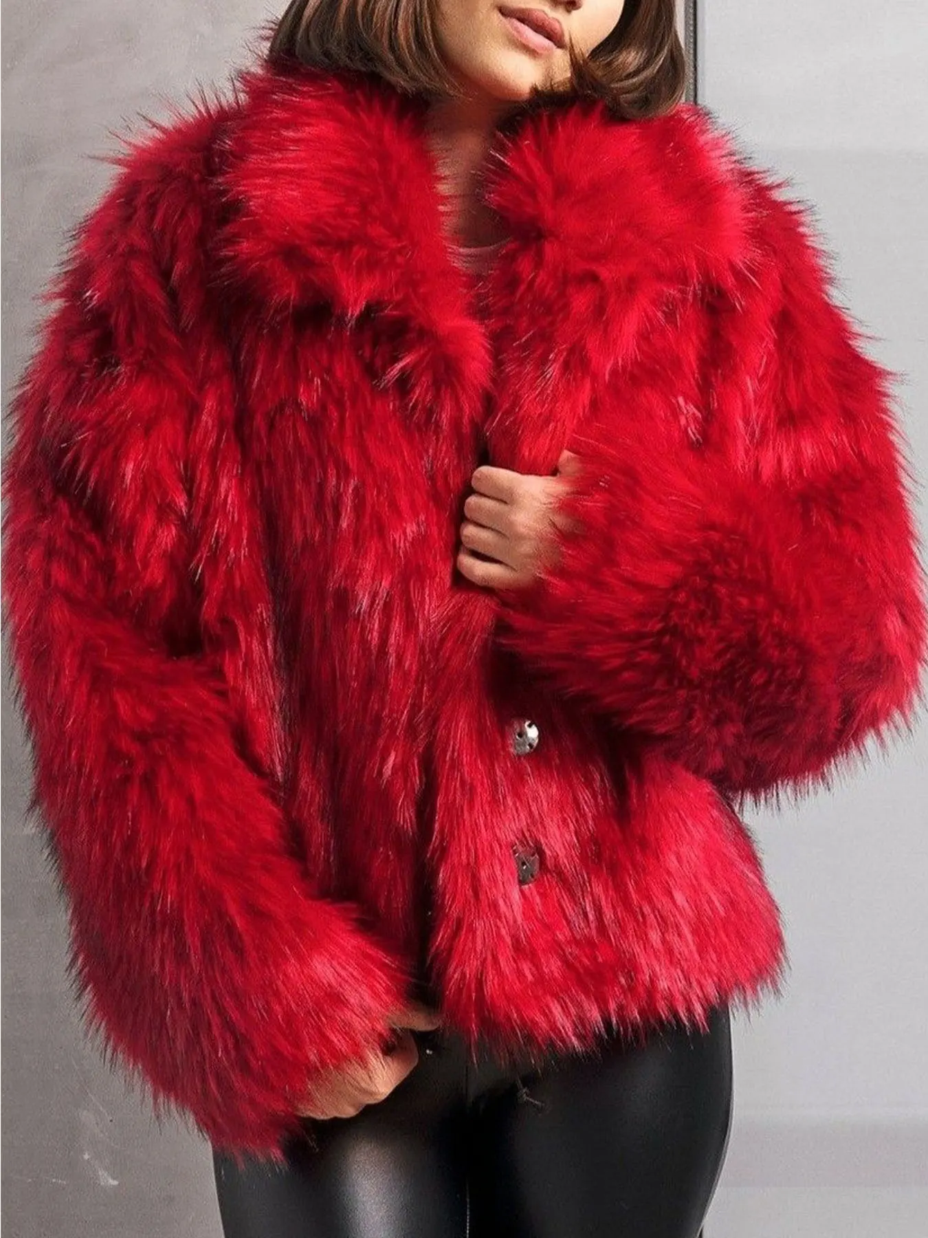 Women Vintage Bright Red Faux Fur Jacket