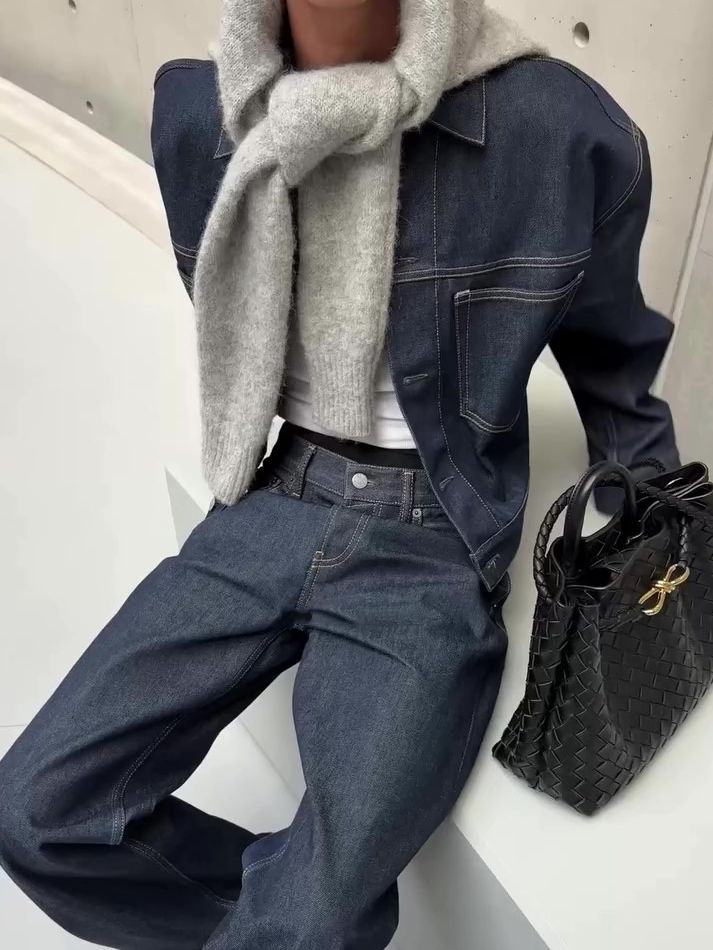 $31.95 Dark Denim Oversized Jacket And Wide-Leg Pants Set
