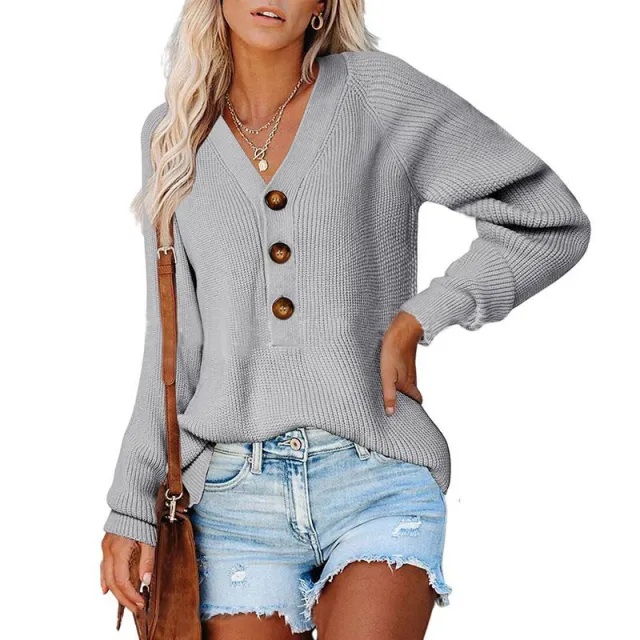 New Button New Knitted V neck Sweater Women Grey - Shop at LoveMi