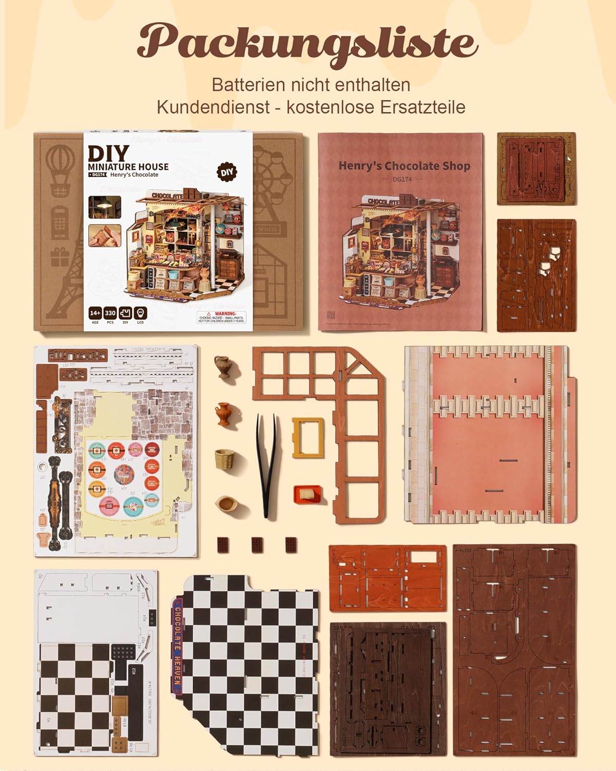 Rolife Henry's Chocolate Shop Miniature House DIY Kit,330-Piece 3D Dollhouse Model With LED Light, No Glue Required, Collectible Display & Craft Gift For Teens & Adults,DG174