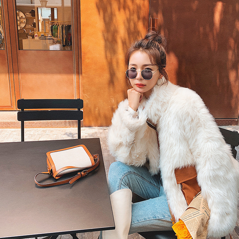 Patchwork Stand-collar Lambs Wool Short Coat