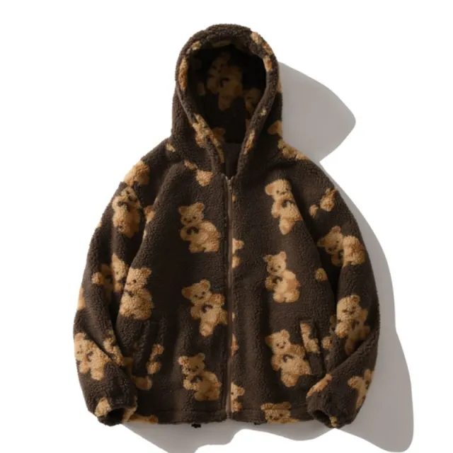 Cartoon Thick Patterned Zipper Hooded Sweatshirt Coffee - Shop at LoveMi