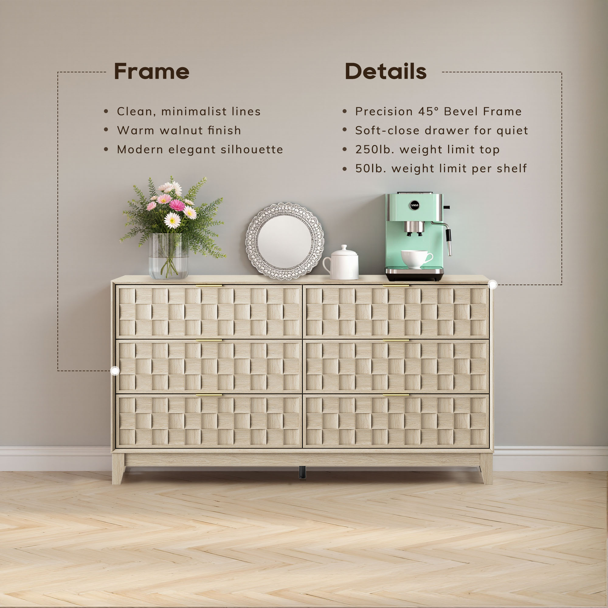 Modern Wooden 6 Drawer Dresser 55in, Side Board Buffet Storage Cabinet, Accent Cabinet With Metal Handles, Oak
