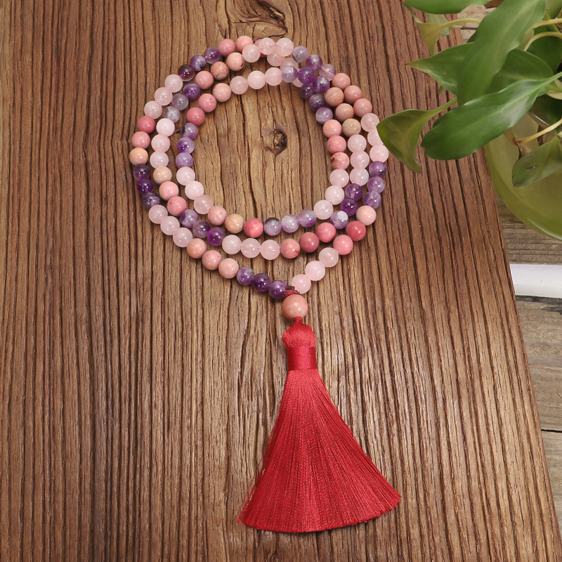 108 Crystal Amethyst Long Tassel Necklace Bracelet Set Yoga