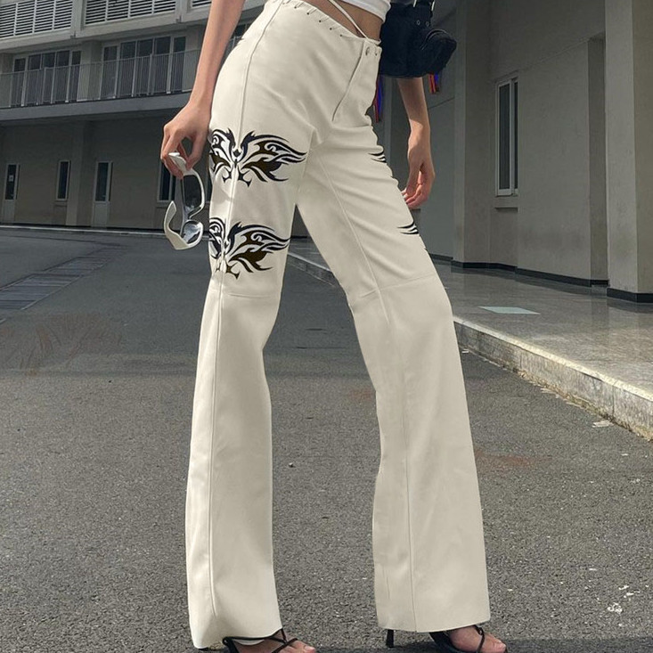 Title 5, High-waisted Cross-lace Fashion Printed Trousers