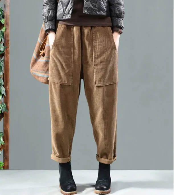 Corduroy All match Casual Harem Trousers Women Khaki - Shop at LoveMi