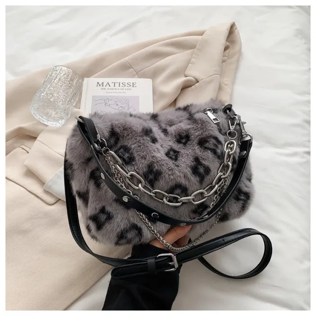 Winter Plush Bags Chain Shoulder Bag Women Flowers Print Handbags Grey - Shop at LoveMi