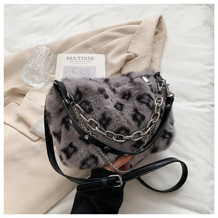 Winter Plush Bags Chain Shoulder Bag Women Flowers Print Handbags - Grey