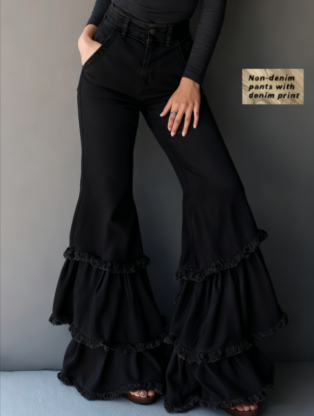 Denim like Printed Multi layer Ruffled Flared Pants Black - Shop at LoveMi