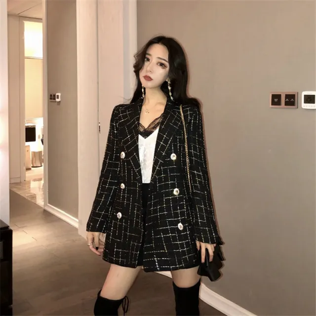 Small Sweet Milk Plaid Suit Double breasted Jacket Black - Shop at LoveMi