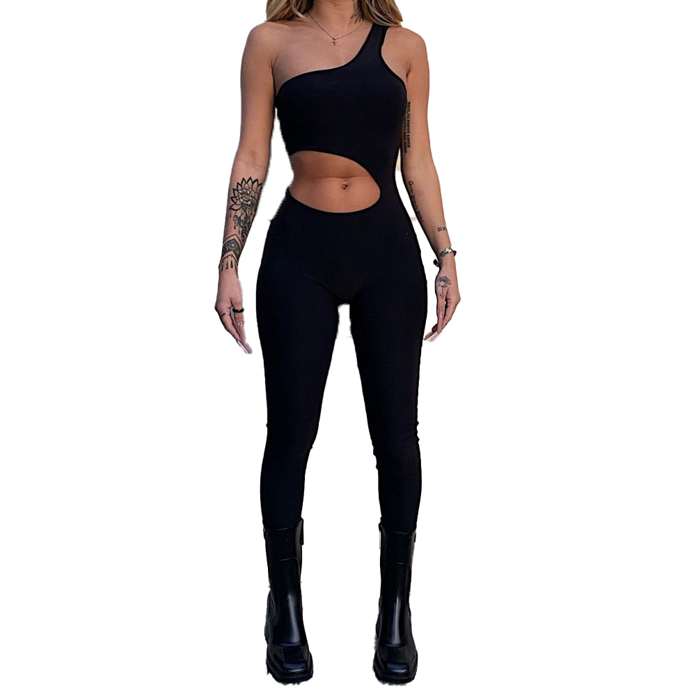 Sexy Navel Cutout Slanted Shoulder Jumpsuit