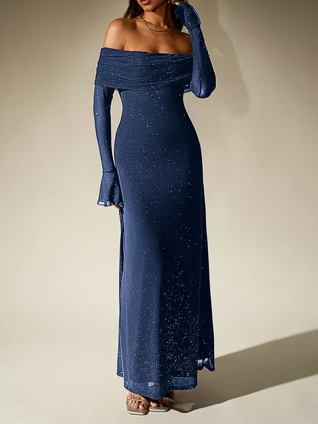 Black Off Shoulder Maxi Dress With Glitter Detail And Mesh Sleeves Blue - Shop at LoveMi