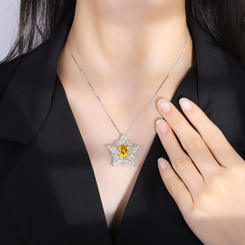 Light Luxury Star Pendant Necklace For Women, Square Cut Honey Yellow Tone Simulated Zirconia Full Pave Rhinestone Thin Snake Chain Clavicle Chain Elegant Business Party Accessories
