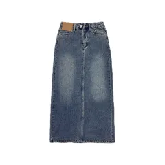 Summer Women's Vintage High Waist Seasonal Design Contrast Pocket Denim Skirt - Blue - View 1