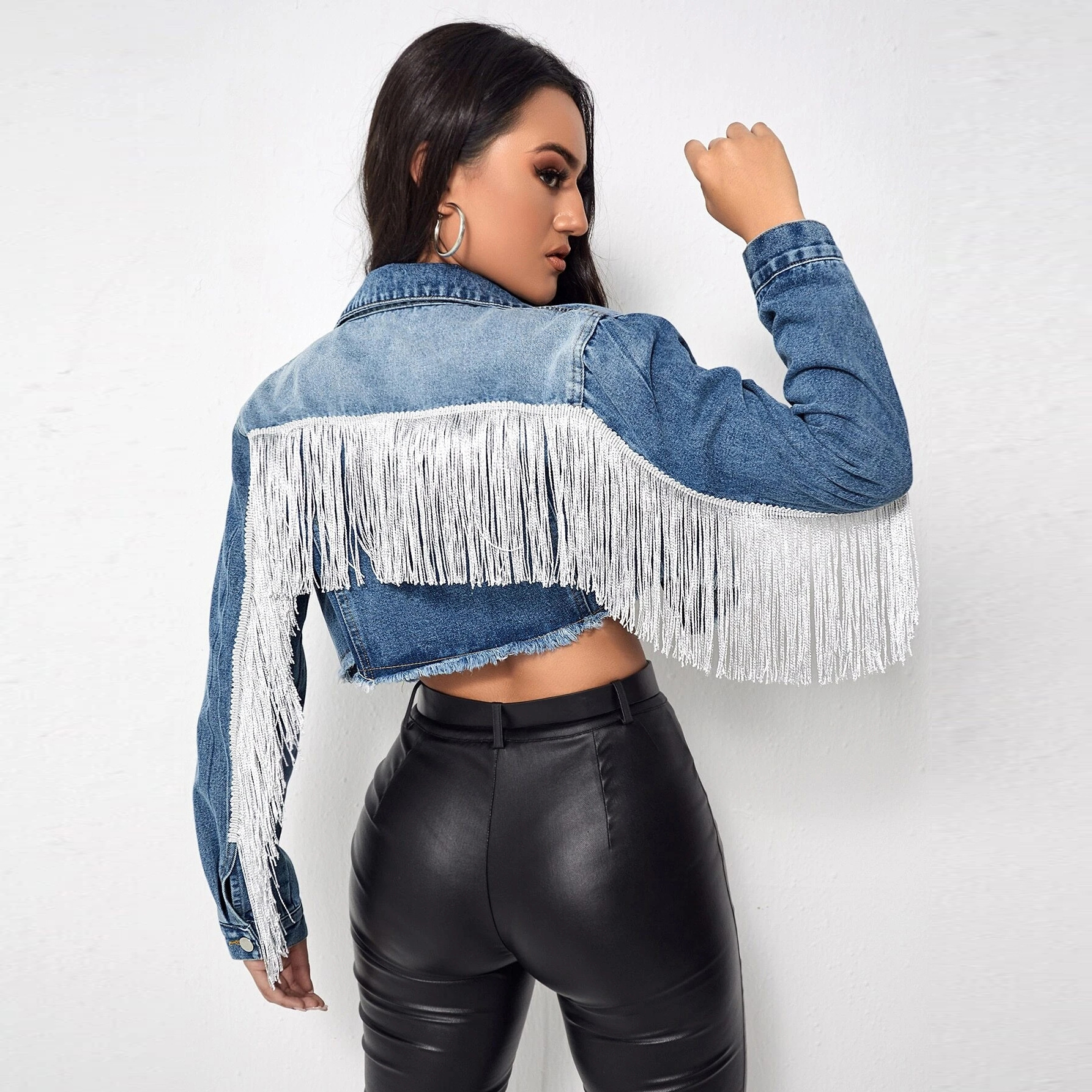 Women's Fashionable Fringed Stitching Distressed Denim Jacket Deep Fried Blue - Shop at LoveMi