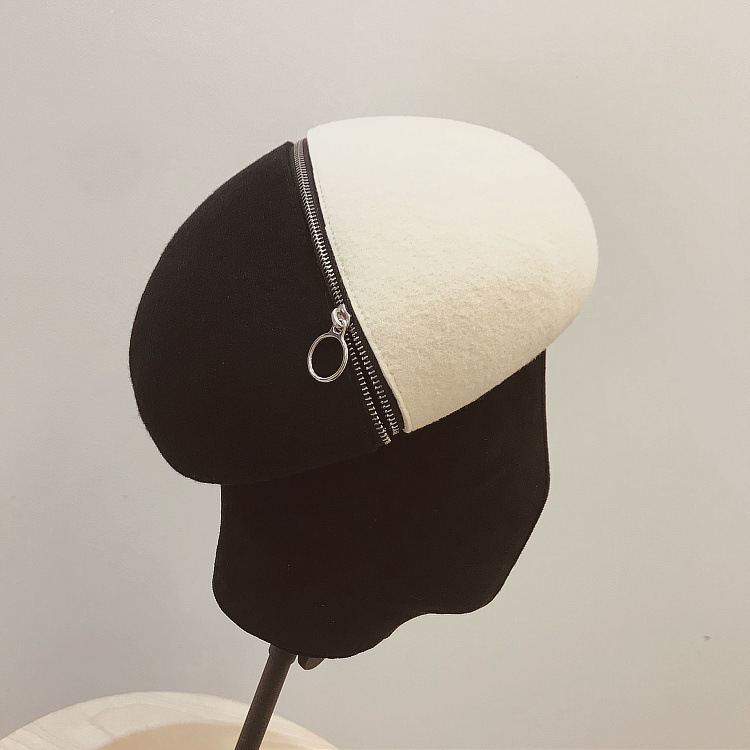 Title 2, Black and white wool felt hat with zipper and b...