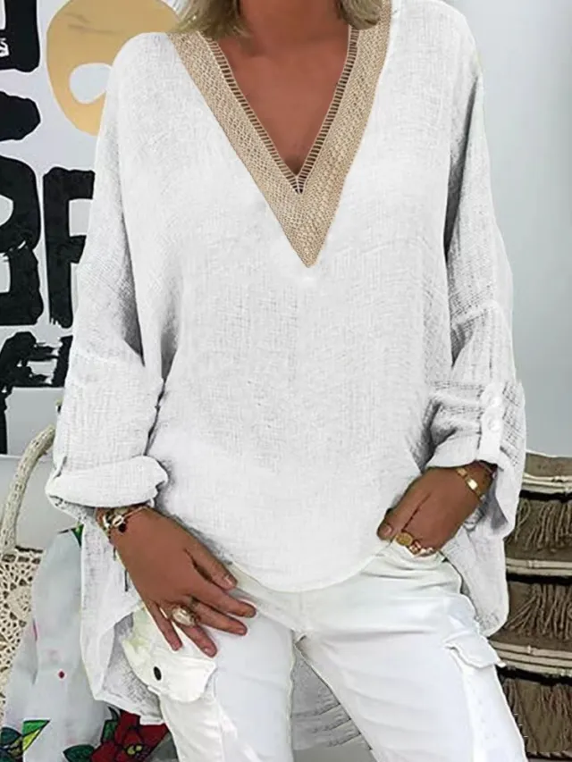 Large Size Loose Cotton Linen Shirt Cross border New Spring And Autumn V neck Solid Color Top White - Shop at LoveMi