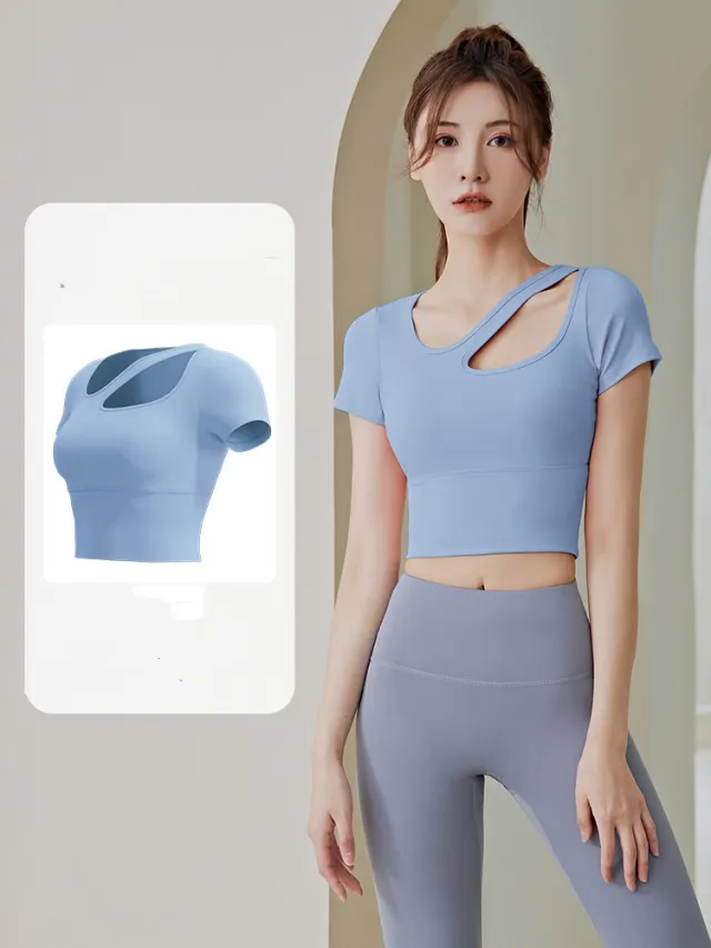 Breathable Professional Slimming Running Quick drying Sports T shirt Grey Lake Blue - Shop at LoveMi