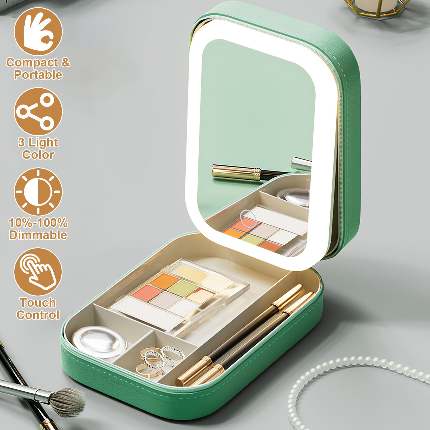 Portable Travel Makeup Bag With LED Mirror Rechargeable Beauty Mirror With 3 Color Light Dimmable Brightness Waterproof Cosmetic Bag With 4 Compart... Green - Shop at LoveMi
