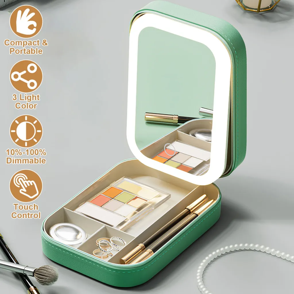Portable Travel Makeup Bag With LED Mirror Rechargeable Beauty Mirror With 3 Color Light Dimmable Brightness Waterproof Cosmetic Bag With 4 Compart...