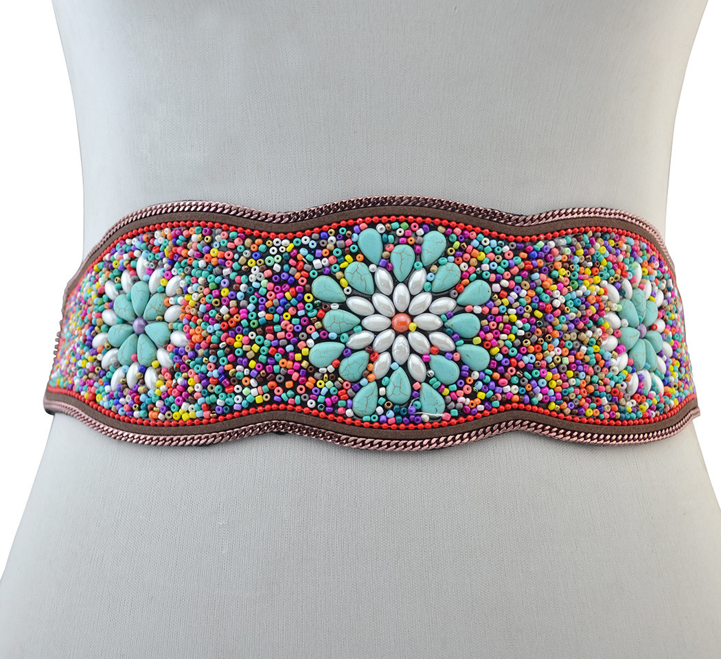 Ethnic Style Retro Waist Belt Turquoise Rice Bead Flower Belt