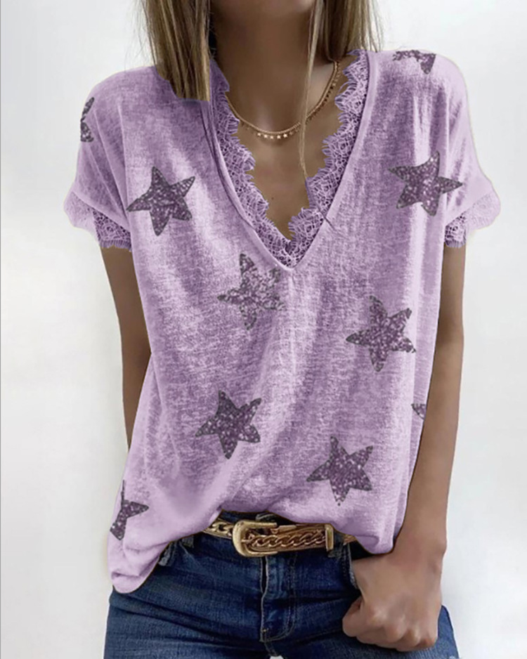 Title 6, V-neck Printed Lace T-shirt