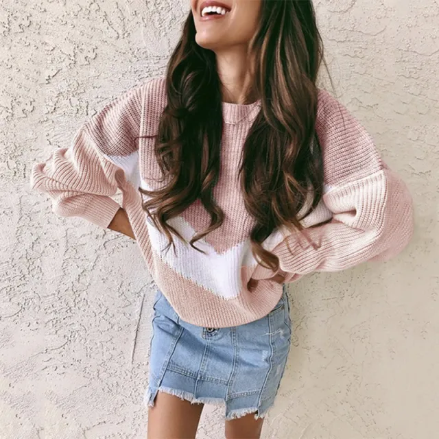 Women's Tricolor Inlaid Patchwork Knitted Sweater Pink - Shop at LoveMi