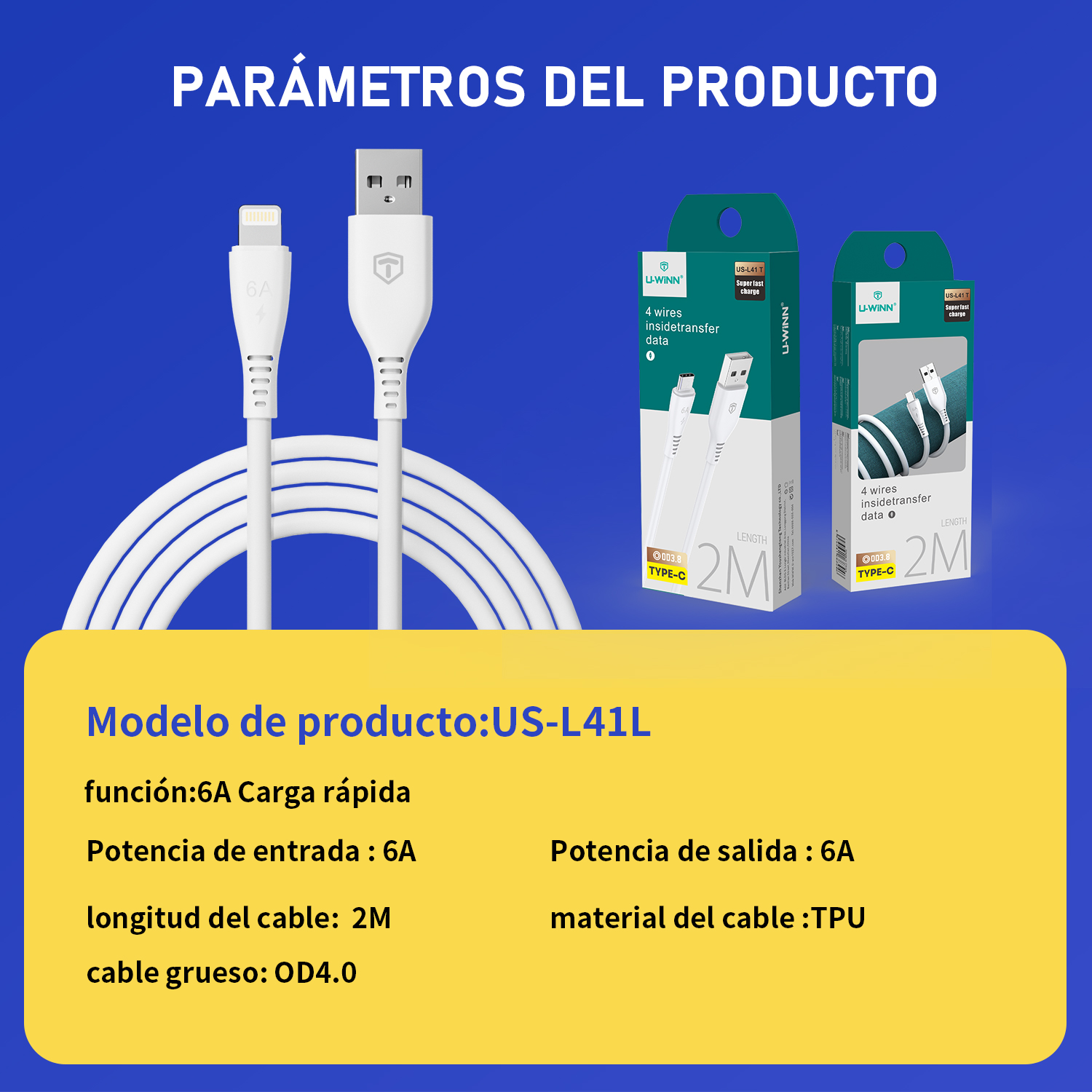 L41 Lightning Cable 6A 2M White USB 3.0 UWINN