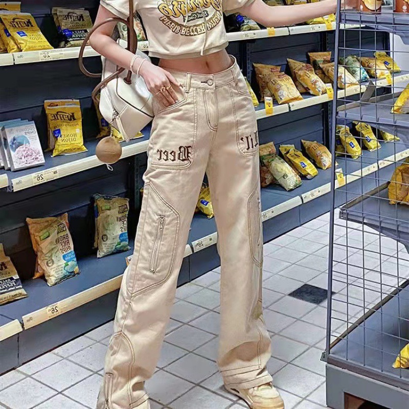 Vintage Embroidered Zip Fly Khaki Jeans For Women Khaki - Shop at LoveMi